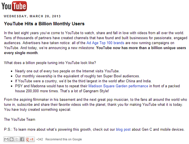 YouTube Reaches One Billion Users
